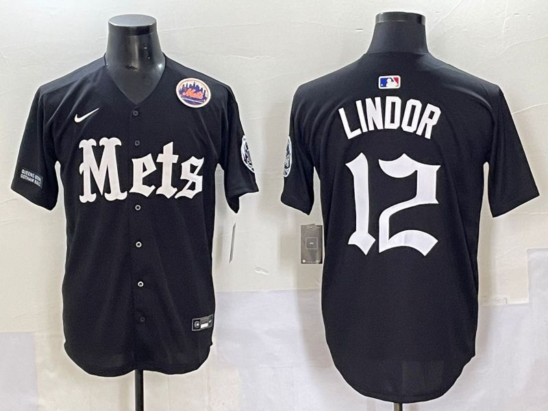 Men 2025 New York Mets 12 Lindor Black Five generations Joint Name Nike MLB Jersey style 14